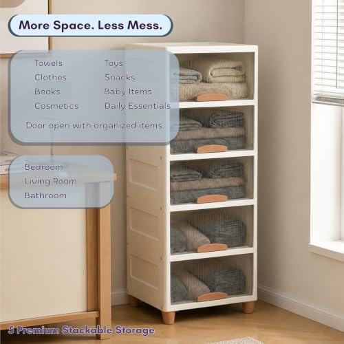 Image of HoopVool Foldable Storage Cabinet, Stackable Plastic Storage Box with Front Opening Door, Dustproof Organizer for Clothes, Toys, Books, Bathroom & Bedroom (5-Tier (33 X 38 X 132 CM))