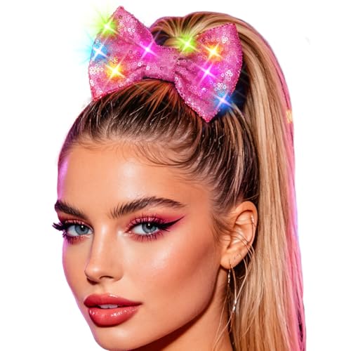 JEAIRTS Light Up Sequin Bow Hair Clip LED Glitter Pink Hair Bow for Women