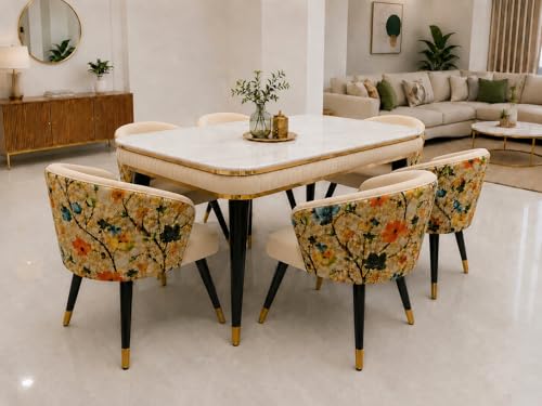 Image of WOODEN SPACE 6-Seater Wooden Dining Table Set | Nano Composite Marble Top | Solid Wood Base | Modern Dining Room Furniture with 6 Chairs (Beige Printed)