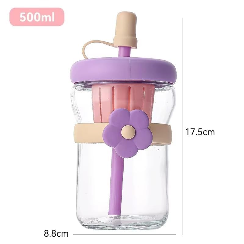 Image of Borosilicate Glass Fruit Infuser Water Bottle 500 ml with Straw & Leakproof Lid | BPA-Free Reusable Glass Bottle for Detox Water, Green Tea, Fruit Infusion & Juice | Multicolor