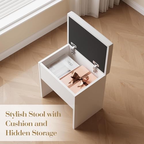 Fluted Makeup Vanity Desk with Mirror and LED Lights, Vanity Table with Storage Stool, Power Outlet, 2 Drawers, 3 Storage Shelves, Large Cabinet, Dressing Table and Chair for Bedroom Dressing Room