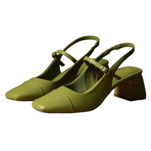 Image of Theater Women Twiggy Mary Jane Block Heel Sandals with Square Toe and Adjustable Buckle Slingback | Cushioned Comfort for Office & Formal Wear