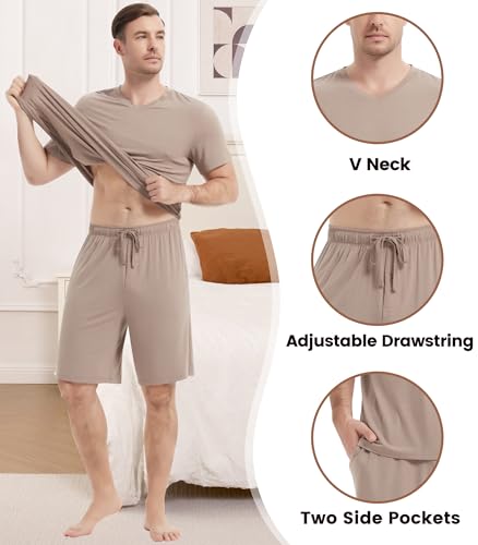 Image of NACHILA Men's Pajamas-Viscose Made from Bamboo, Short Sleeve Top with Shorts Pjs Set V Neck Sleepwear Cool Loungewear