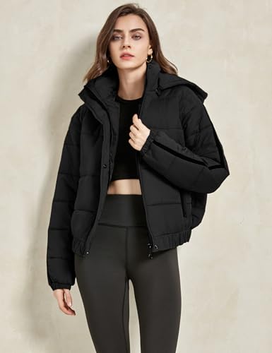 Gihuo Women's Cropped Puffer Jacket Hooded Zip Up Stand Collar Padded Coat Winter Quilted Jackets Outerwear3