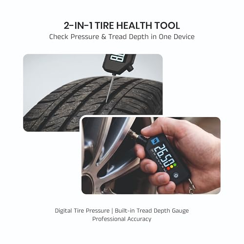 Image of Orca 2-in-1 Digital Tire Pressure Gauge 0-150 PSI with Tread Depth Gauge & LED Light, 0.1 PSI Accuracy, LCD Display Multi-Unit (PSI /BAR /KPA /Kg /cm), Keychain Tyre Pressure Checker for Car, Bike, SUV