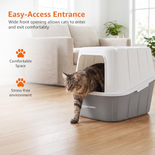 Image of Amazon Basics Semi Enclosed Cat Litter Box | Large Litter Tray | Easy Clean Cat Washroom for Indoor Cats | Brown + White | 38 X 40 X 48 cm | Suitable for Kittens & Cats