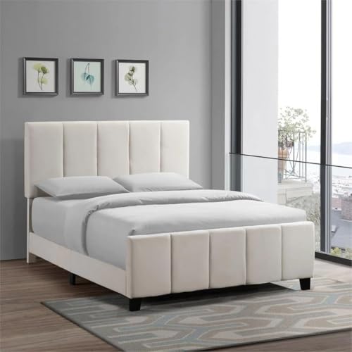 Image of upholstered beds | Bed King Size | Bed Without Storage | Wooden Platform Bed | Platform Bed King Size | Mattress not Included | Finish Color:- Ivory
