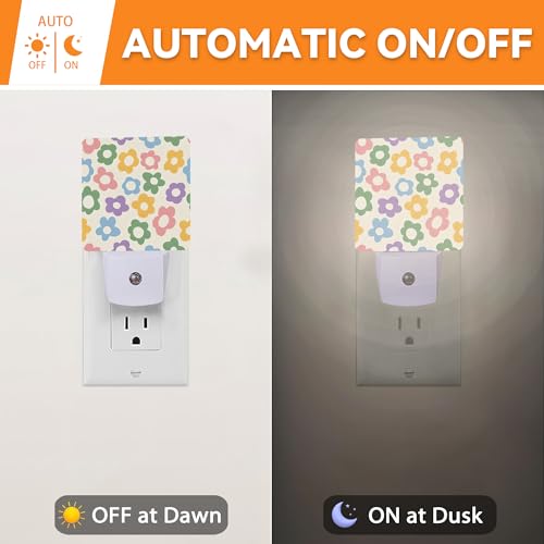 Image of Vintage Groovy Flowers Dusk to Dawn Night Light, Auto Sensor Lamp Home Indoor Stairway Kitchen Corridor, Night Lights Plug into Wall Decor, Boys Girls Women Men Room Gifts