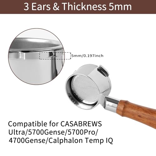 Image of 58mm Bottomless Portafilter for CASABREWS Ultra and Gevi ECMI0-SS0A1 | 5 mm Thick 3-Ear Design, with 58mm Puck Screen and 2 Cup Filter, Full Stainless Steel Filter Holder, Wooden Handle