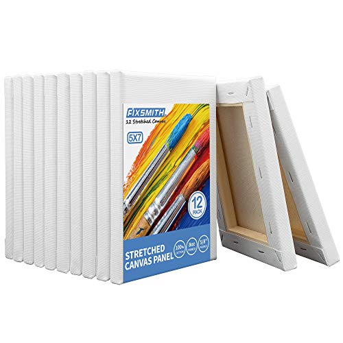 Image of FIXSMITH Stretched White Blank Canvas- 5x7 Inch,Bulk Pack of 12,Primed,100% Cotton,5 /8 Inch Profile of Super Value Pack for Acrylics,Oils & Other Painting Media.