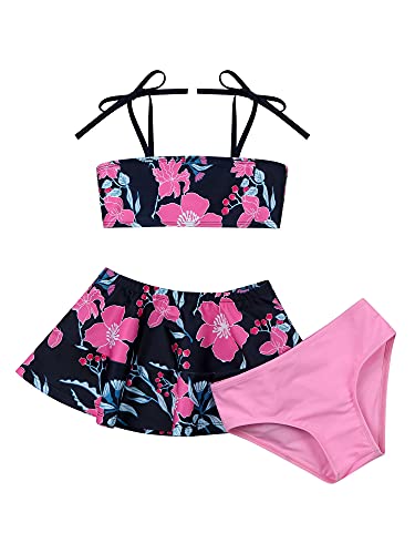 Doomiva Enfant Fille Maillot de Bain Floral Tankini 3 Pièces Ensemble de Natation Tube Tops Haut à Bretelles Paréo Jupe et Bas de Bikini Ado Tenue Sport Eté Swimwear 3-16 Ans Bleu Marin 13-14 Ans Cover