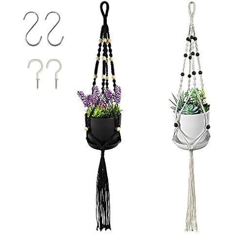 2 Pack Macrame Plant Hangers - Hanging Planter Basket with 2 Pots, Outdoor Hanging Planters Set, Hanging Plant Holders with Tassel, Decorative Macrame Hangers Set Cover