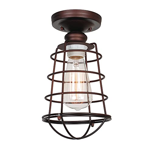 Image of Design House 519694 Ajax Industrial Modern 1-Light Indoor Semi-Flush Ceiling Light with Metal Wire Cage for Hallway Foyer Closet, Coffee Bronze