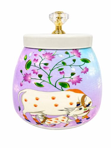 Image of Decorative Flower Printed Pichwai Jars | Metal Storage Jars with Lid | Traditional Indian Art Containers for Sweets, Spices, Pooja & Return Gifting