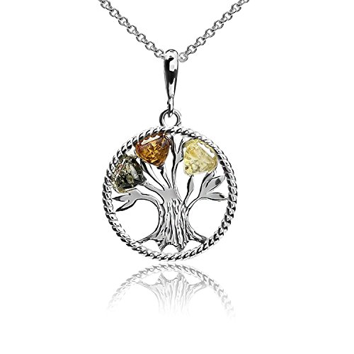 Multicolor Amber Sterling Silver Lucky Tree Pendant Necklace Chain 18