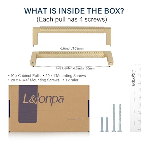 L&lonpa 10 Pack Gold Cabinet Handles – 6-1/4 Inch(160mm) Center to Center, Solid Knurled Drawer Pulls, Durable Modern Hardware for Kitchen, Bedroom, Bathroom, Dresser by L&lonpa - Image 7