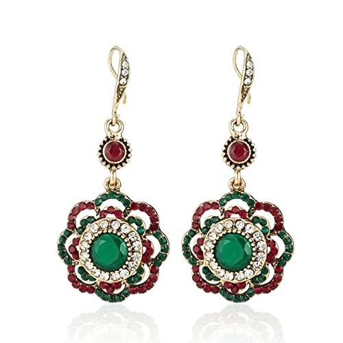 IMIBEE Turkish Collection Handmade Jewelry Antique Gold Jewelry Indian Retro Jewelry Ruby Emerald Dangle Earrings Jewelry with Small Crystal Zircon For Women gift