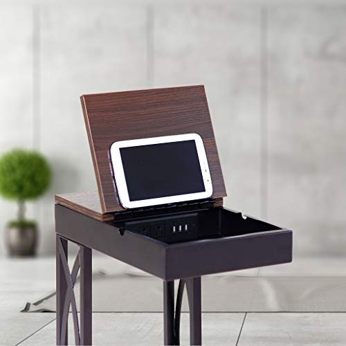 SeeTable-Stash-with-Device-Stand-Charging-Station-and-Storage-Dark-Brown-FrameWalnut-Finish-Table-Top-C-TableEnd-TableSide-TableAccent-Table SeeTable Stash with Device Stand Charging Station and Storage Dark Brown FrameWalnut Finish Table Top C TableEnd TableSide TableAccent Table