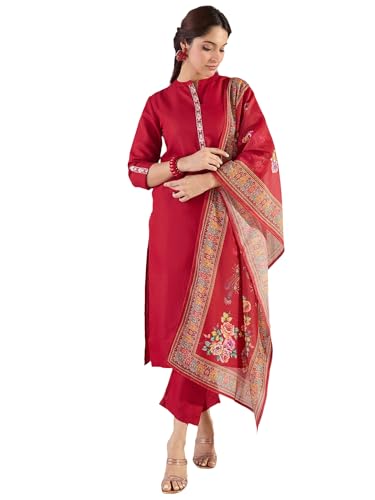 Image of INDO ERA Women's Straight Cotton Blend Ethnic Motifs Embroidered Kurta Pant With Dupatta Set