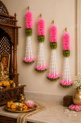 Image of Divyakosh Hanging Gajra Set of 4 | Small 15 Inch Pink-Green Fabric Floral Wall Hangings | Temple & Pooja Room Decoration Items | Backdrop Decor for Festivals & Diwali
