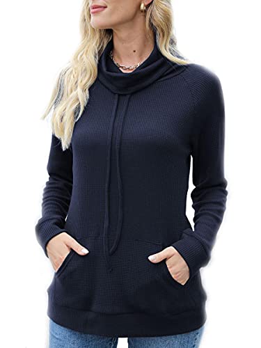 KUFV Women's Turtleneck Long Sleeve Waffle Knit Tunic Jumper Pullover Pocket Sweashirt (Navy Blue, XL)