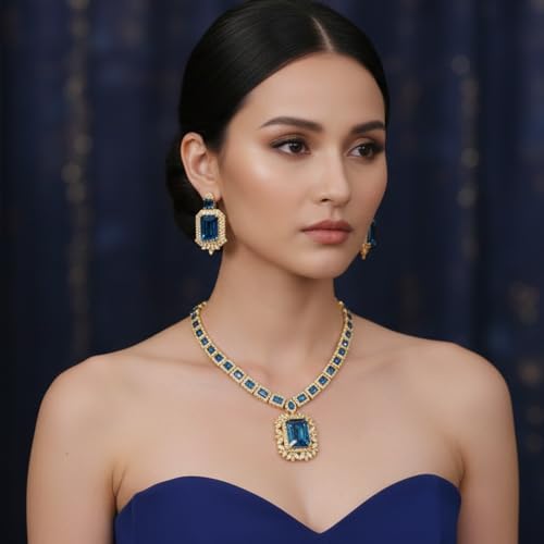 Image of I Jewels Gold Plated Stylish Design Crystal Diamond Necklace & Earrings Jewellery Set for Women