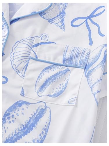 Women's 2 Piece Pajama Sets Shell Print Short Sleeve Sleepwear Button Down Shirt and Bow Shorts Loungewear Pj Sets4