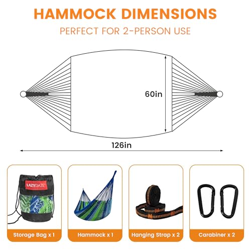 Image of Lazy Daze Hammocks Handwoven XL Mayan Hammock, 10.5 FT Soft Rope Double Hammocks, Portable Outdoor Hammock with Carry Bag, 2 Straps & Carabiners for Patio Outside, 550 lbs Weight Capacity, Blue /Green