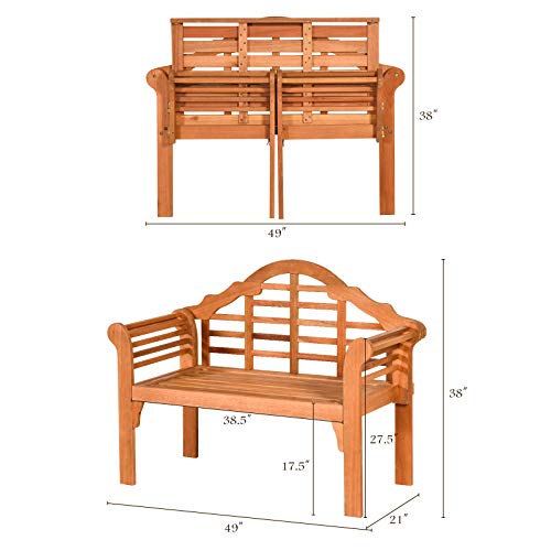 Relax4Life Wooden Garden Bench For Outdoors & Indoor Patio Foldable Bench 4 Ft With Crown-Like Backrest And Curved Armrest Poolside, Porch, Balcony, Garden Eucalyptus Two Person Loveseat Chair #TOP7