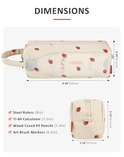 Image of Corduroy Pencil Case Pouch, Office Supplies Gift for Women, Strawberry | Eco-Friendly Fabric, Water-Resistant, Inner Pocket, Carry Handle, for Coworkers Writers Teachers Designers