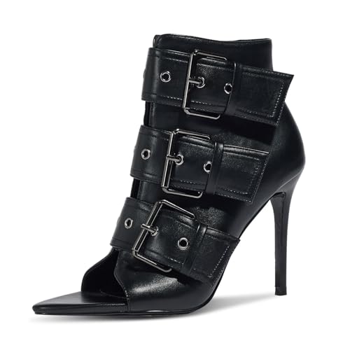 WRFCZGF Women's Peep Toe Booties Sandals Stiletto Heel Ankle Boot Heeled Sandals Metal Buckle Side Zipper Sexy Dance Shoes Black，8.5