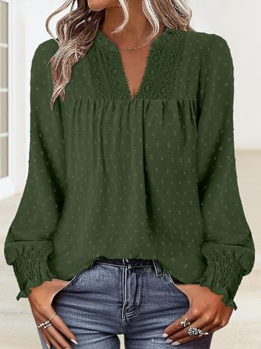 BETTE BOUTIK Women Boho Long Sleeve Shirts Dressy Casual V Neck Fall Fashion Tops Swiss Dot Flowy Blouses
