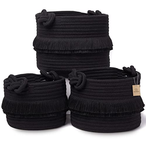 NaturalCozy 3-Piece Decorative Storage Basket Set – Black Cotton Rope Small Woven Baskets for Organizing for Nursery Baby Stuff, Gift, Vanity, Montessori, Dog Cat Toy Bin, Planter, Bathroom Shelves