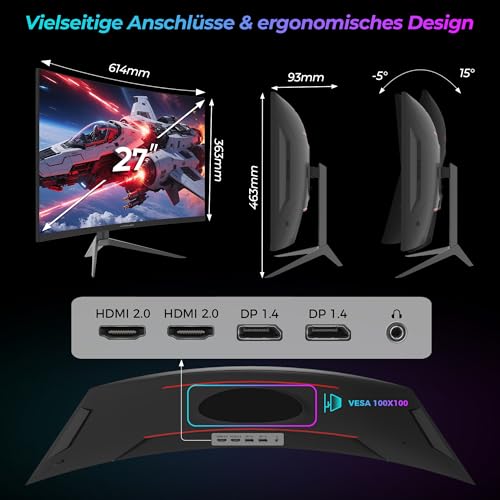 Monitor Gaming 27 Pollici Curvo, FHD 1920x1080, 180 Hz, 1ms MPRT, pannello VA Ultra Rapid, 123,1% sRGB, HDR, AMD FreeSync™, Inclinazione Regolabile, HDMI2.0/DP1.4, VESA 100x100 - Monitor - Immagine 5