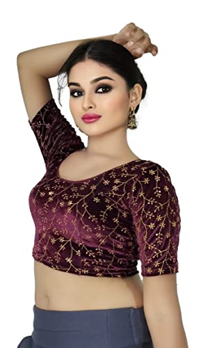 Image of PU Fashion Stylish Golden Embroidery Work Readymade Stretchable Velvet Blouse - Soft Breathable Fabric, Saree Blouse for Women