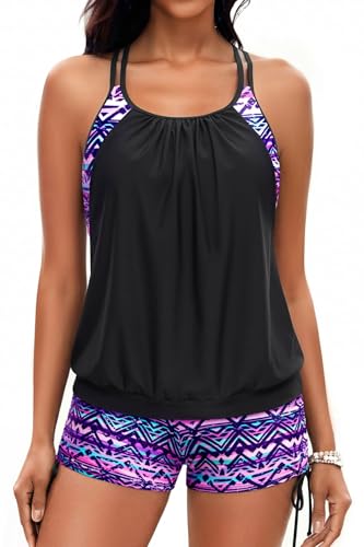 Image of Holipick Tankini Swimsuits Two Piece Tummy Control Bathing Suits Blouson Swim Tank Top with Boy Shorts