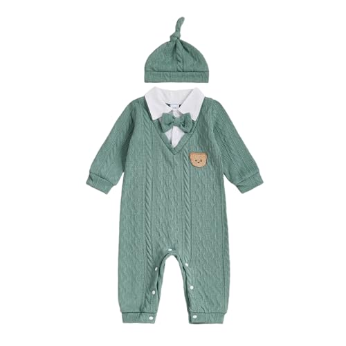 Newborn Baby Boy Fall Winter Outfit Bear Long Sleeve Sweater Romper Bowtie Jumpsuit One Piece Dress Clothes Hat