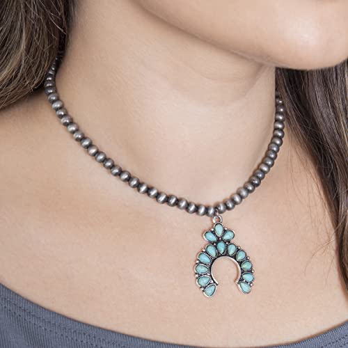 RIAH FASHION Bohemian Beaded Statement Necklace - Multilayered Natural Stone Mixed Beads, Western Concho Pendant2