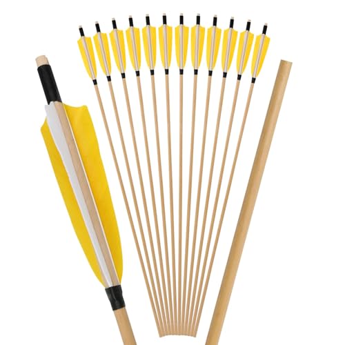 6/12Pcs 5 Pollici Scudi Tacchino Piuma Freccia di Legno Diametro 8 mm Legno Caccia Bersaglio Pratica Freccia (6 Pezzi, Giallo)
