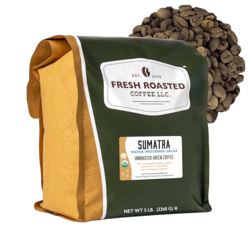 Fresh Roasted Coffee, Organic Sumatra Water-Processed Decaf Unroasted Green Coffee Beans for Home Roasting, USDA Organic, 100% Single Origin, Kosher, 5 lb (80 oz)