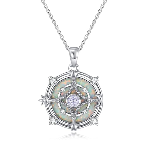 Opal Compass Necklace for Women Opal Necklace for Women Sun Moon Star Pendant 925 Sterling Silver North Star Anniversary Birthday Gifts Jewelry for Her
