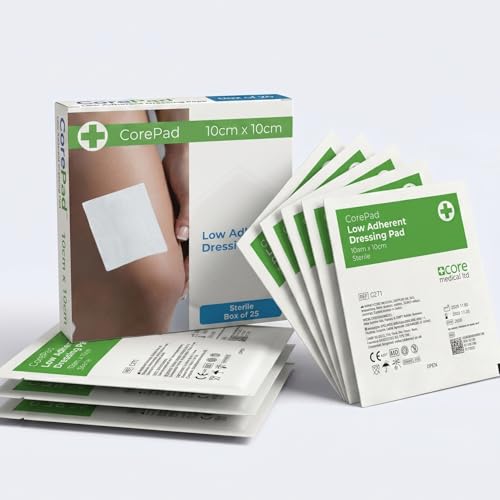 Protective Low Adherent Pads (Pack of 25 10cm x 10cm) Core Medical - Sterile & Highly Absorbent Wound Dressings to Protect and Promote Healing