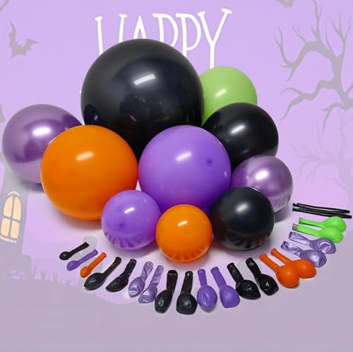Image of Black Purple Balloon Arch Double Stuffed Latex Orange Green Metallic Purple Black Balloon Garland for Halloween Thanksgiving Wednesday Birthday Vampire Retirement Prom Decor