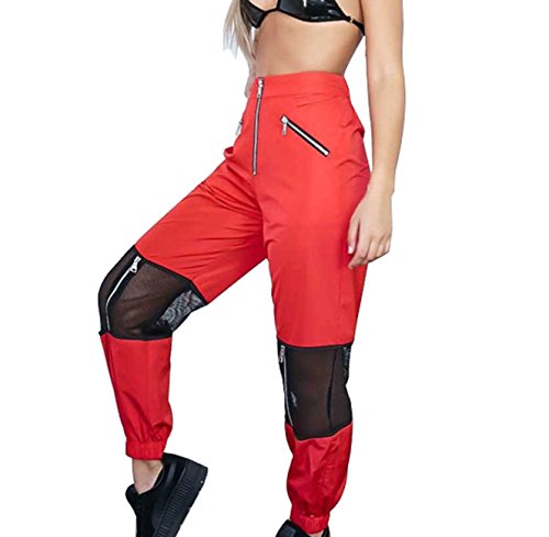 Women Mesh Stitching Jogger Pants Relax Fit Fashion Hiphop Dance Trouser Red S #TOP1