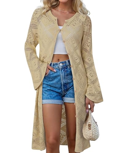 Women's Summer Lightweight Open Front Long Cardigans Crochet Knit Bell Sleeve Button Hollow Out Beach Cover Ups