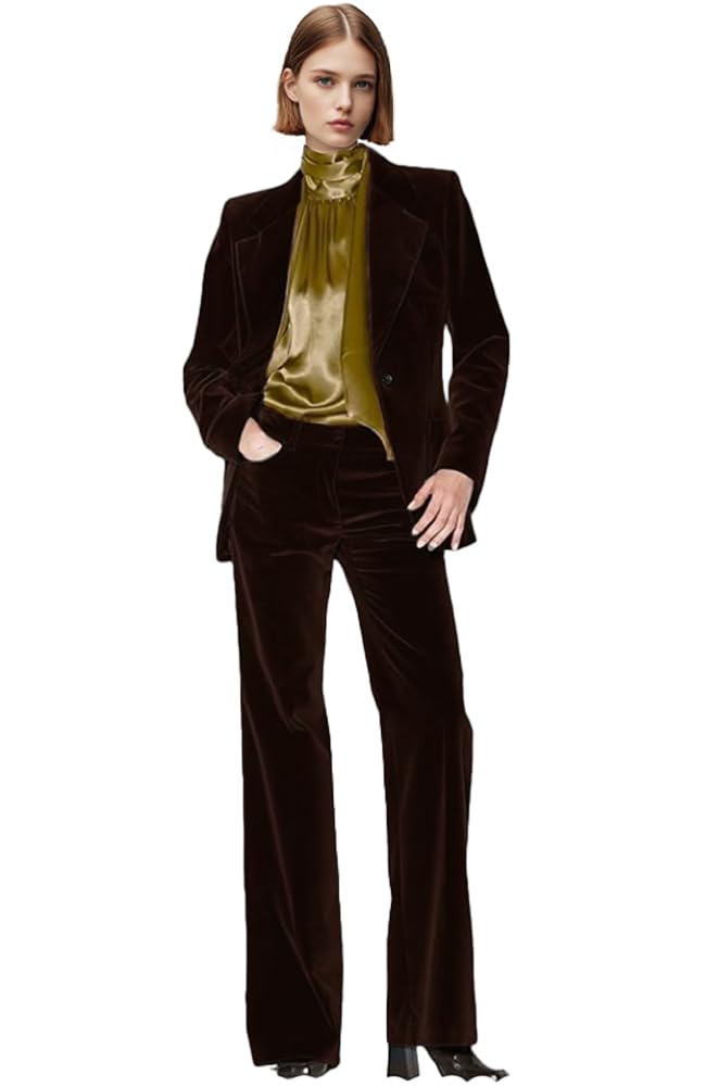 Botong Velvet Womens Formal Suit Set Peak Lapel Office Work Outfit Professional Business Suit Coffee XL