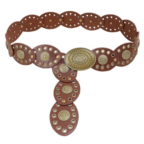 Western Chunky Wide Disc Belt for Women Boho Hollow PU Leather Waist Cowgirl Belt for Dresses Jeans with Metal Buckle