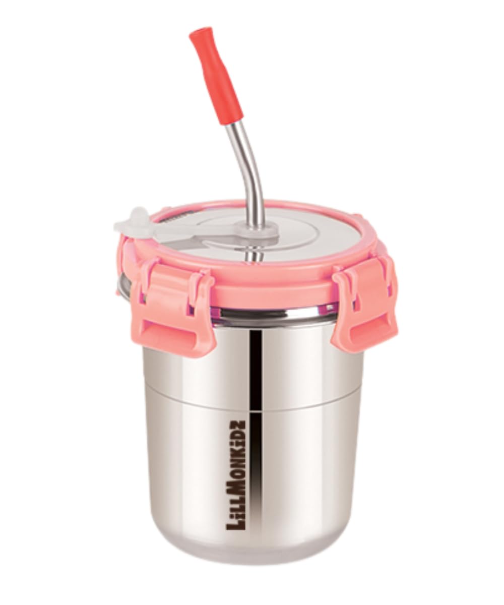 Lillmonkidz Stainless Steel Tumbler for Kids 300ml, Leak Proof Glass tumbler with Lid, 1 straw & 1 Cleaning Brush, Durable Baby Glass Sipper, Perfect tumbler Cup for Water, Juices and Milk, Light Pink