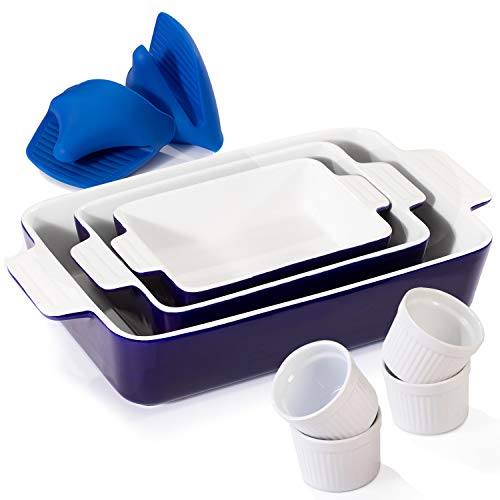 Bakeware Sets Baking Dish Set for Cooking Kitchen Gifts Includes 3 Ceramic Rectangular Nonstick Casserole Dish 4 Porcelain Ramekins and 1 Pair of Mini Silicone Oven Gloves7 Piece