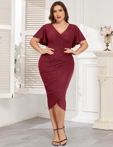 Image of ZOMVA Plus Size 0X-4X Sparkly Glitter Ruched Bodycon Midi Dress Sparkle Sequin Wrap Ruffle Sleeve Dress Cocktail Party Formal